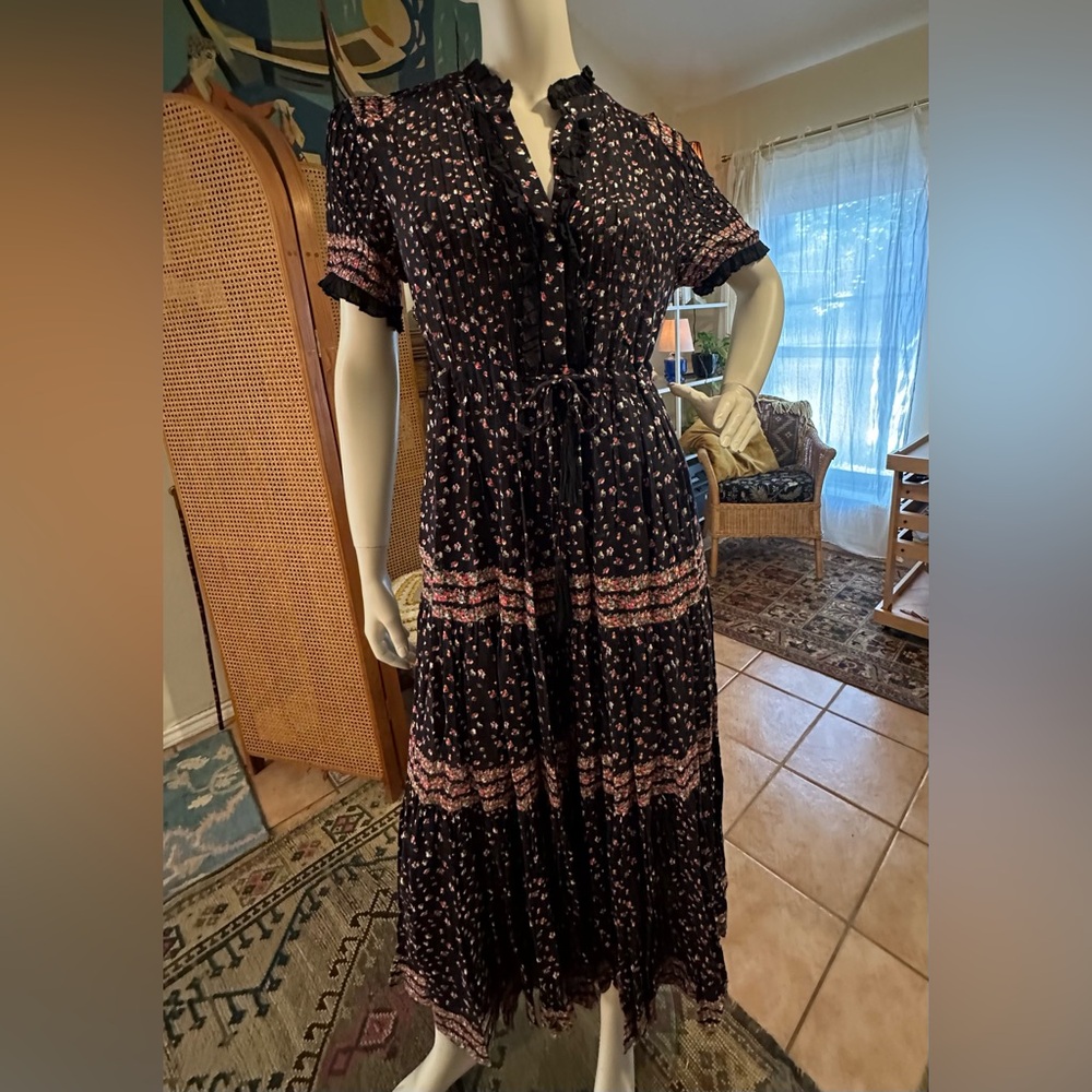 Free People Black Maxi Dress with Floral Print sz SMALL boho